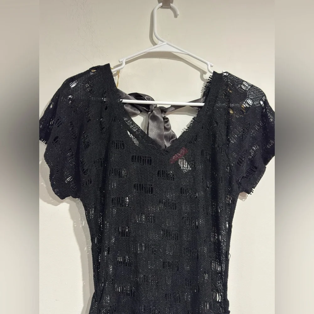 Si Designs Black Crochet Swim Cover Up Dress Ruched Tie Back Beachwear Size S